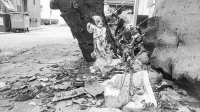 A black and white photo of an altar of Chinese gods part 2