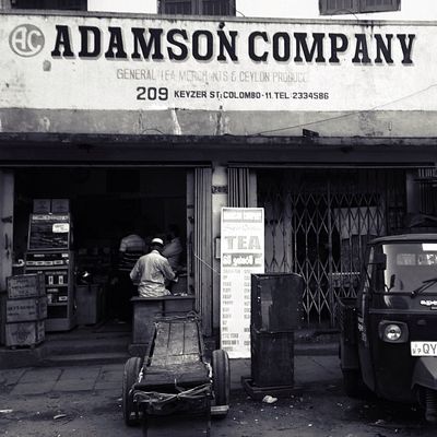 A black and white photo of a commercial area in Colombo, Sri Lanka