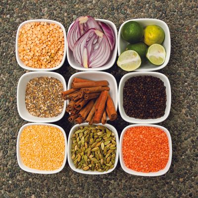 A color photograph of 9 spices arranged in a grid
