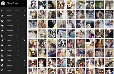 Screenshot of PhotoPrism showing lots of dogs in the pictures