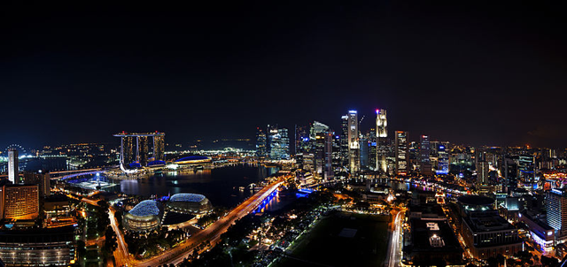Night skyline of Singapore with lit buildings
